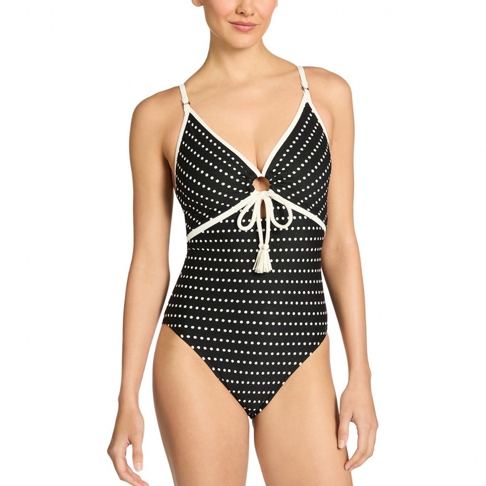 Robin Piccone Millie Lingerie One Piece Swimsuit Black Ecru Polka Dot Size 8